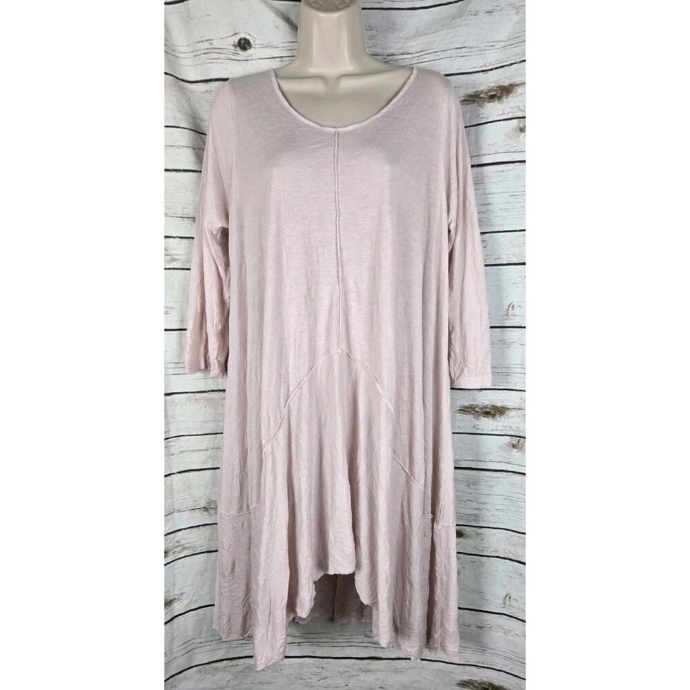 Comfy USA Pink Crinkle Swing Knit Tunic Top M Lagenlook A-Line High Low